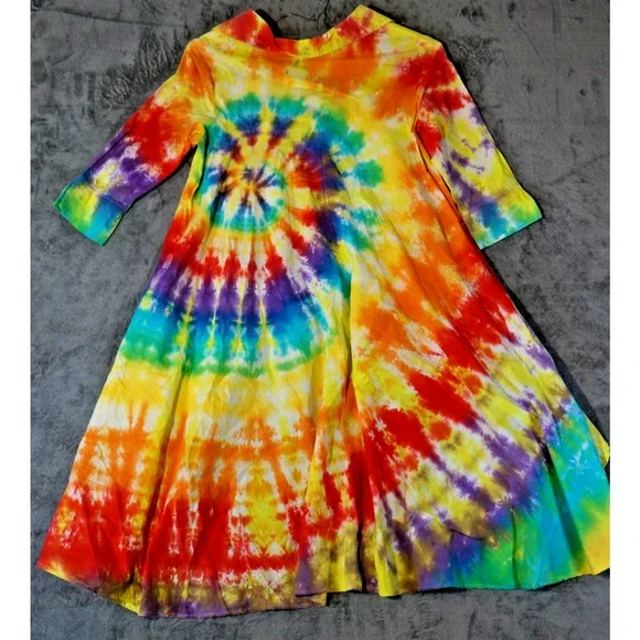 Luxe Artisan Hand Dyed Rainbow Tie-Dye Asymmetric Hem Dress Size Small - Picture 2 of 14